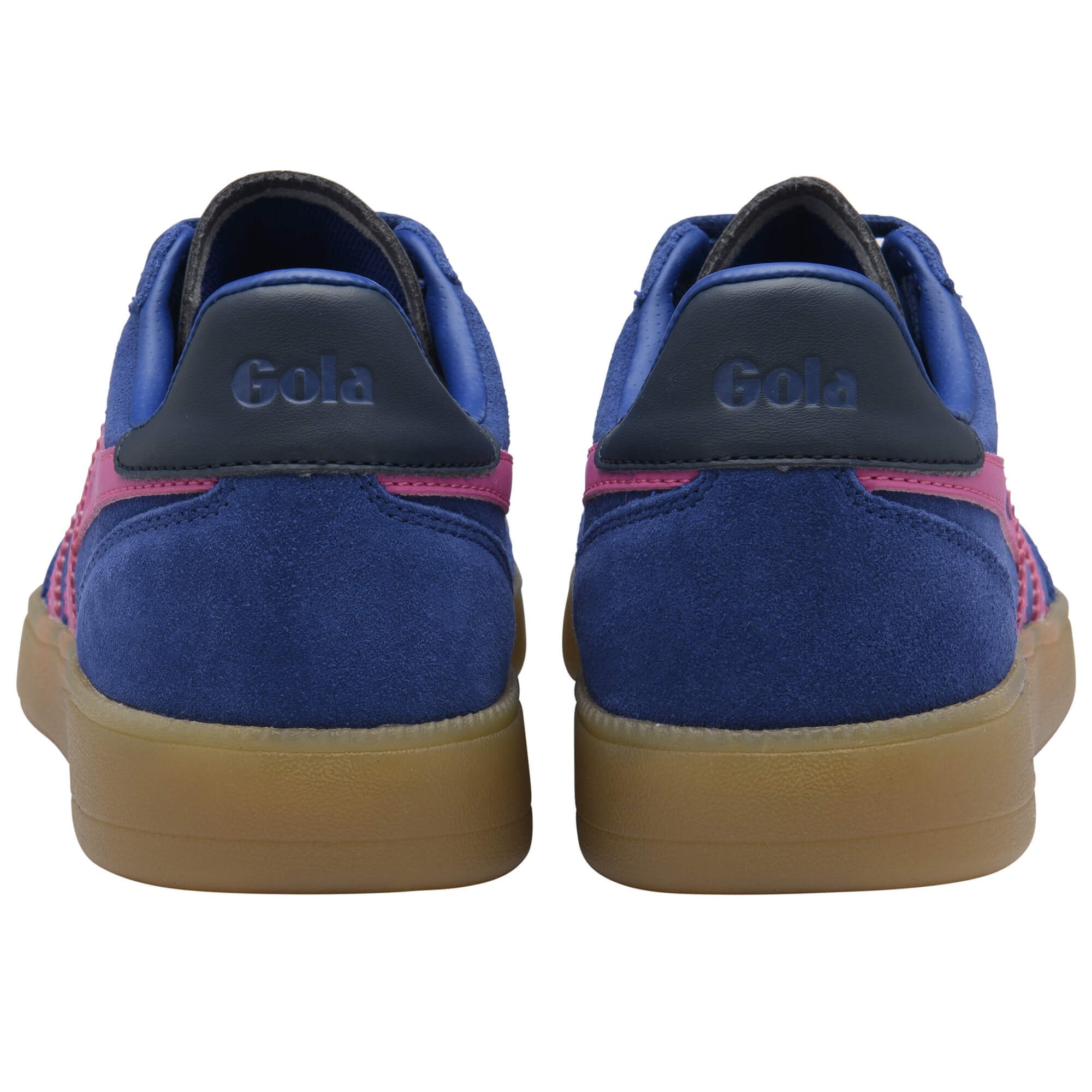 Blue and pink Gola trainers with 'Gola' branding on a white background