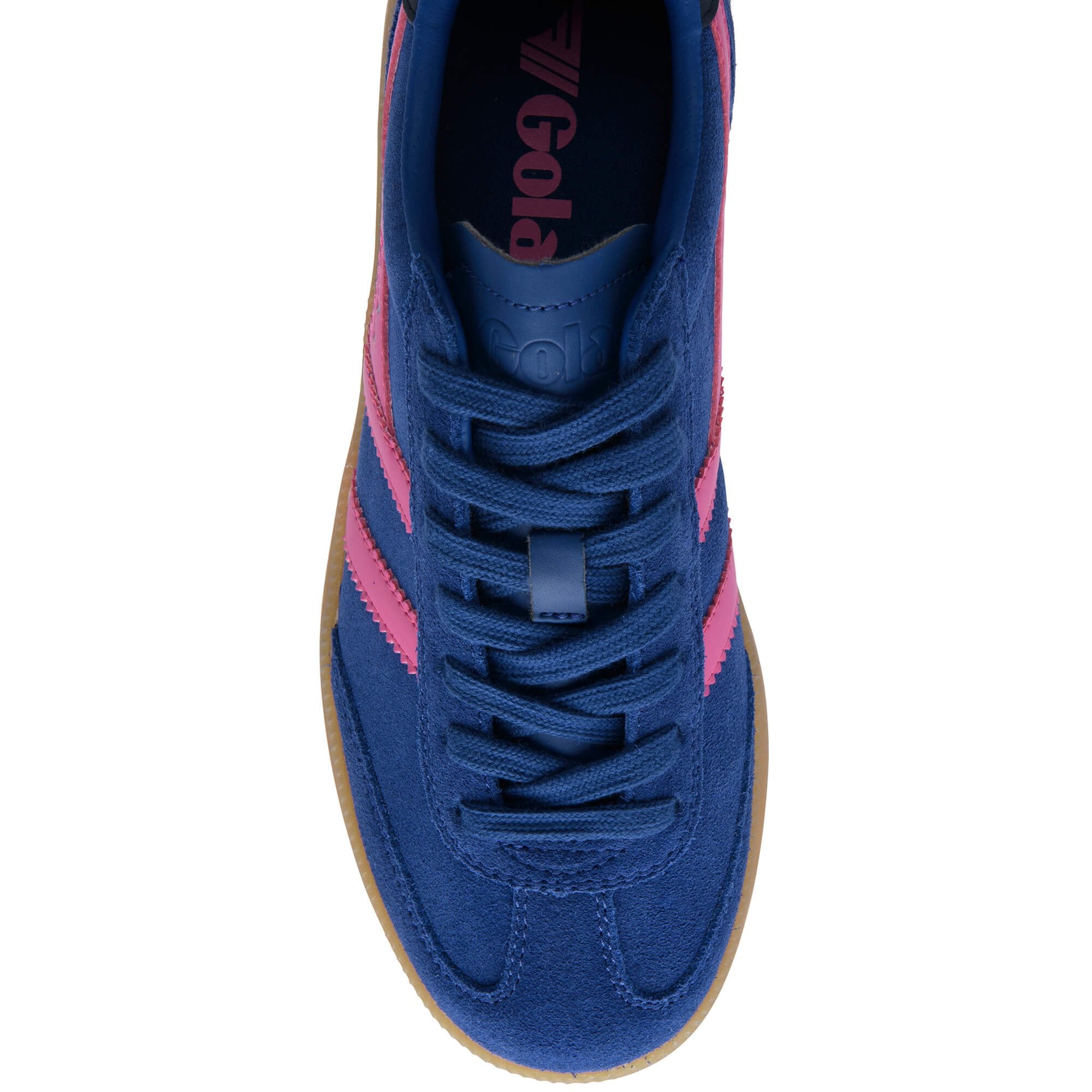 Blue and pink Gola trainer with a gum sole on a white background
