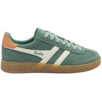 Gola trainer in green with white stripes, orange accents and a gum sole on a white background