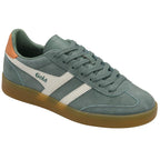 Green Gola trainer with white stripes and gum sole on a white background