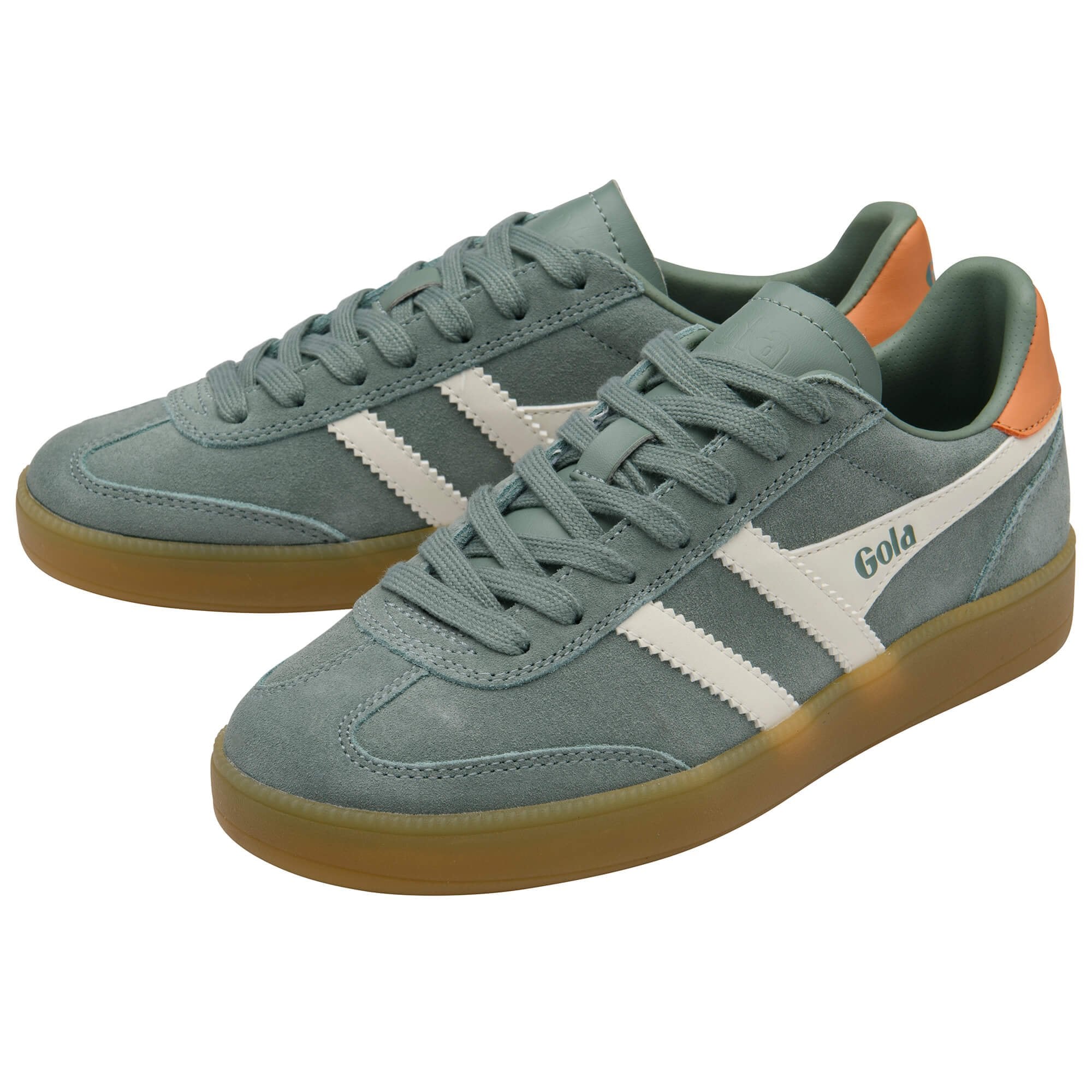 Pair of grey Gola trainers with white stripes, orange accents and gum soles on a white background