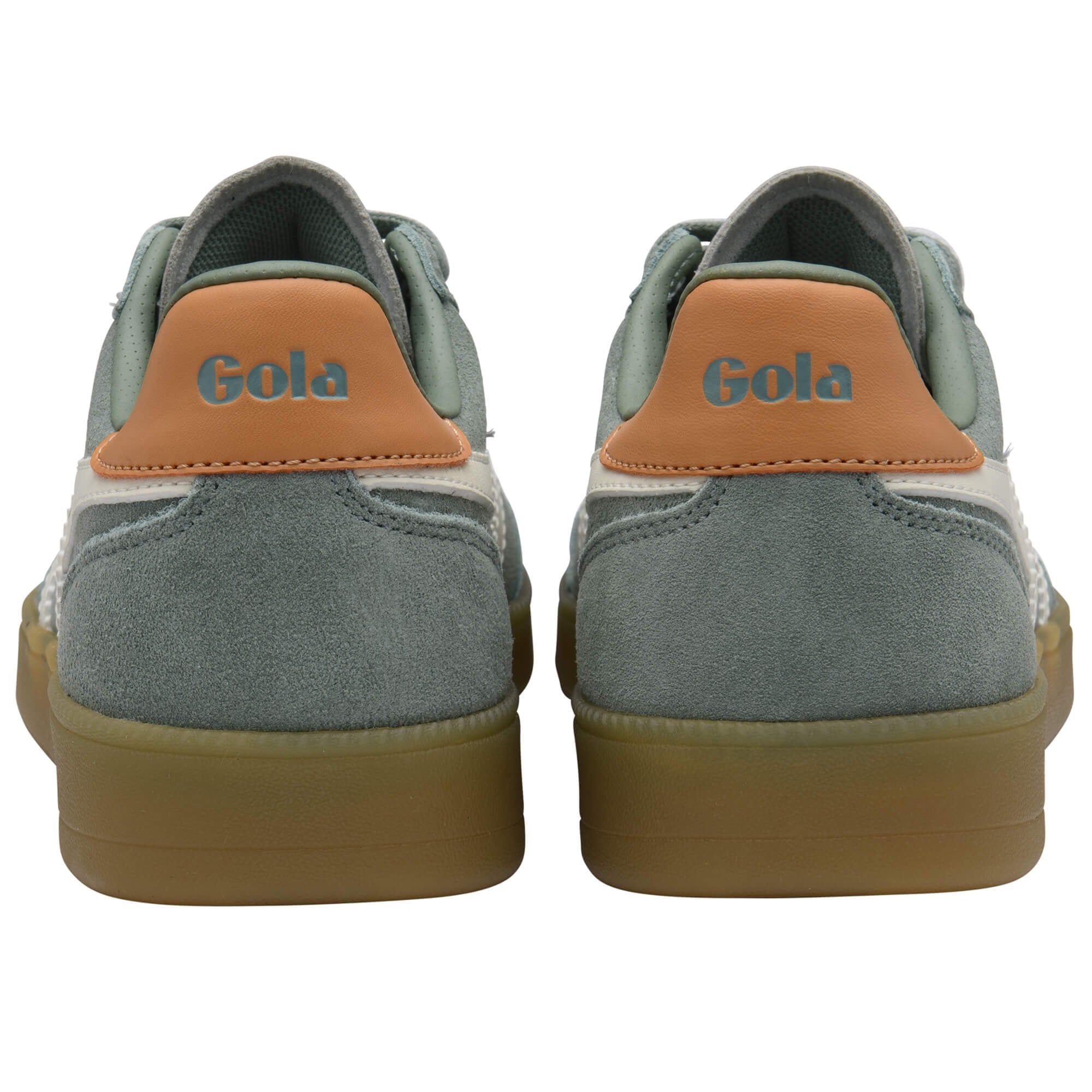 Grey Gola trainers with brown accents on a white background