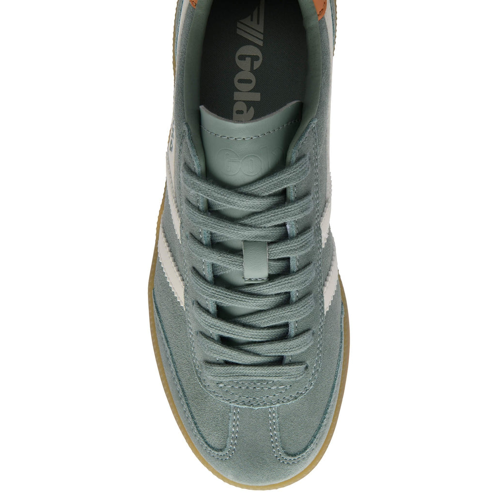 Green Gola trainer with white stripes on a white background