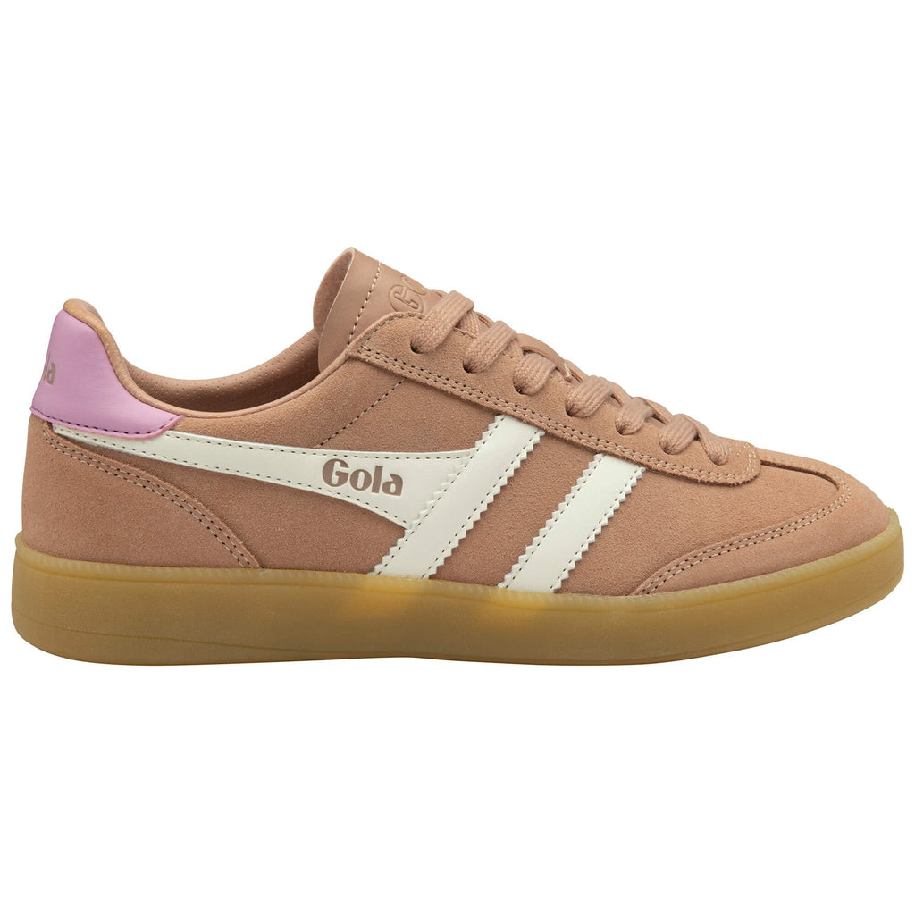 Gola trainer in pink with white stripes and a gum sole on a white background