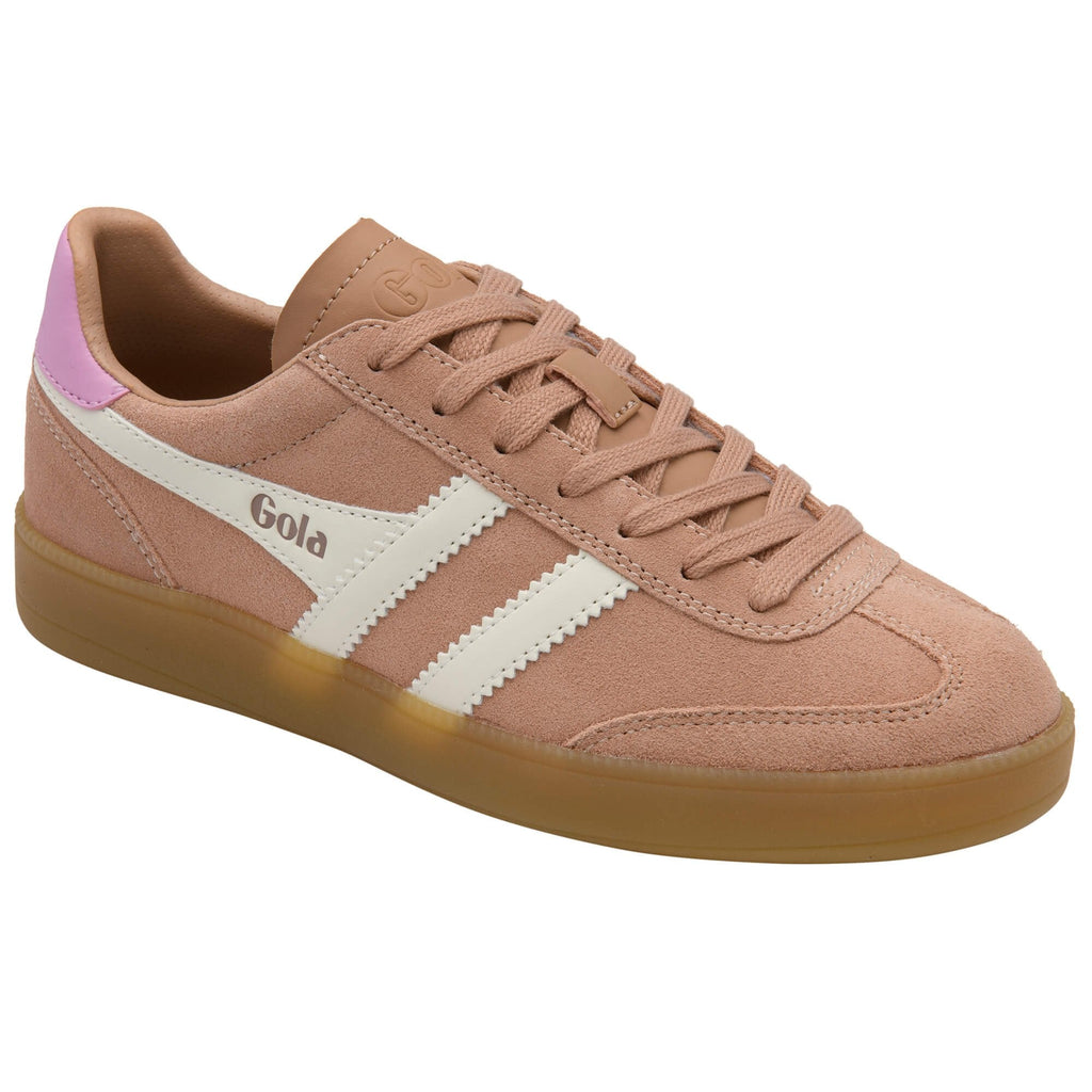 Gola trainer in pink with white stripes and a gum sole on a white background