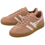 Pair of pink Gola trainers with white stripes and gum sole on a white background