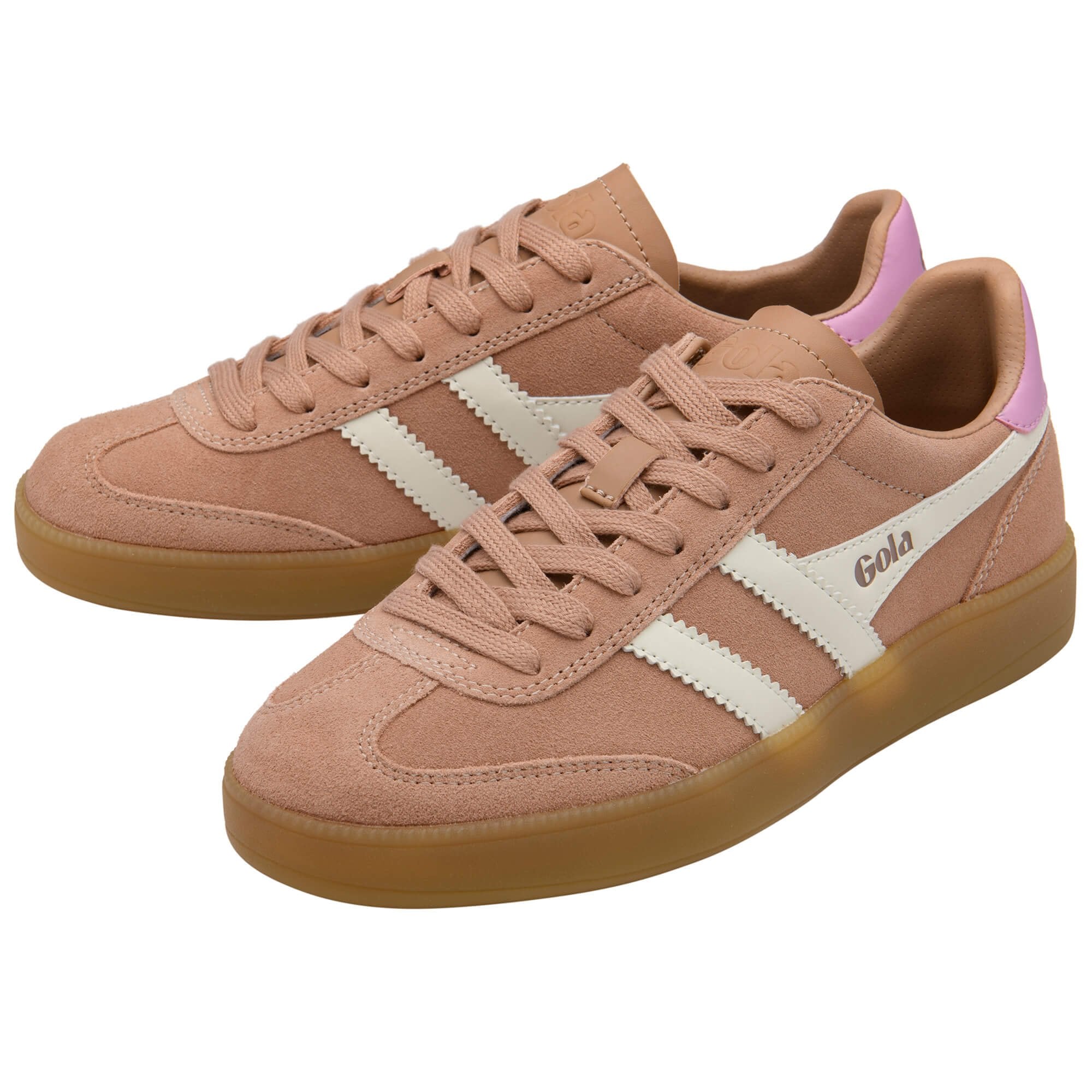 Pair of pink Gola trainers with white stripes and gum sole on a white background
