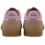 Pair of beige Gola trainers with pink accents and gum sole on a white background