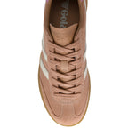 Brown Gola trainer with white laces and gum sole on a white background