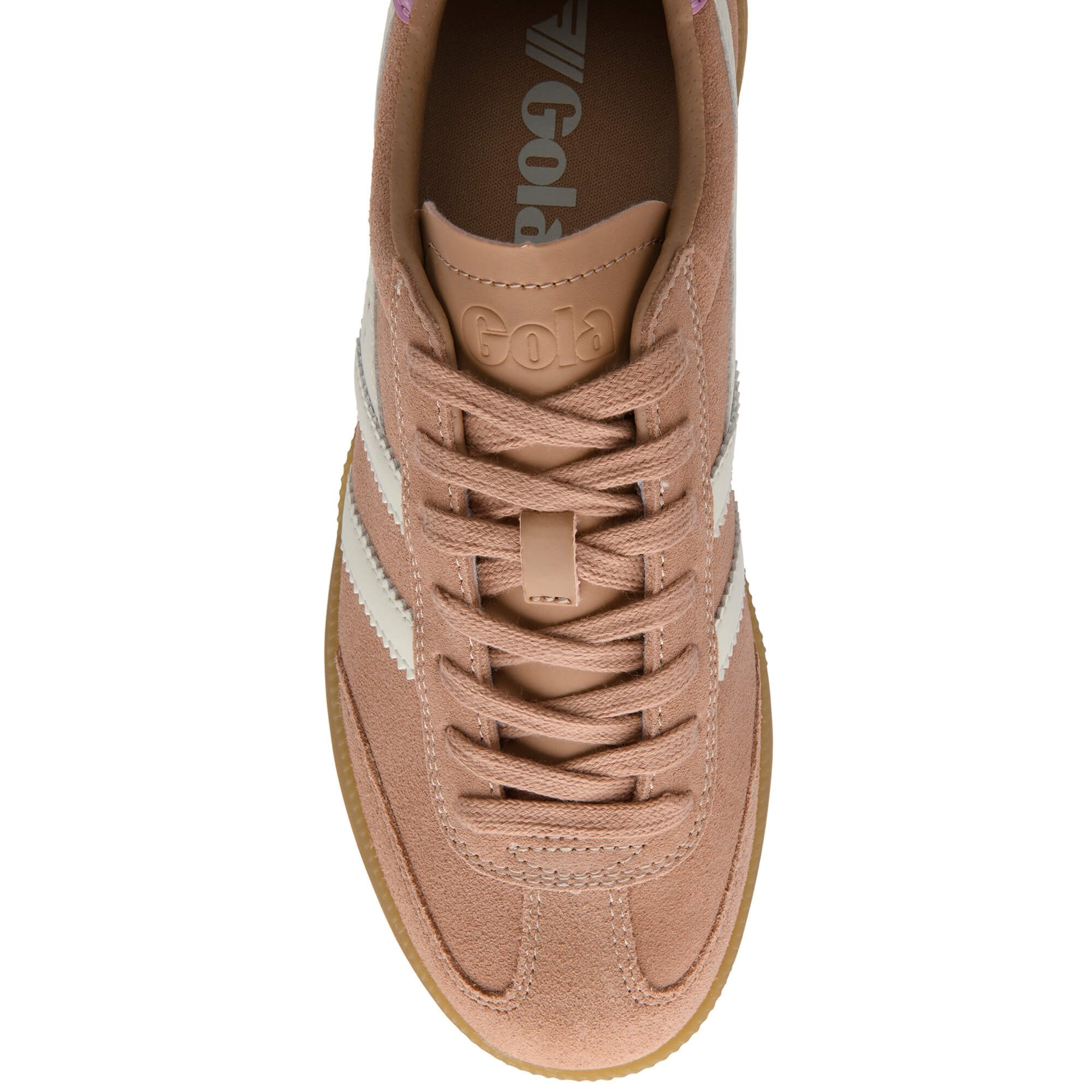 Brown Gola trainer with white laces and gum sole on a white background