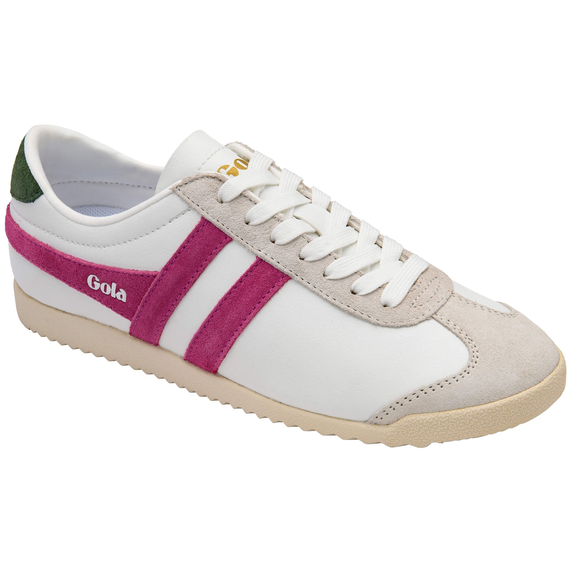 White Gola trainer with pink and green accents on a white background