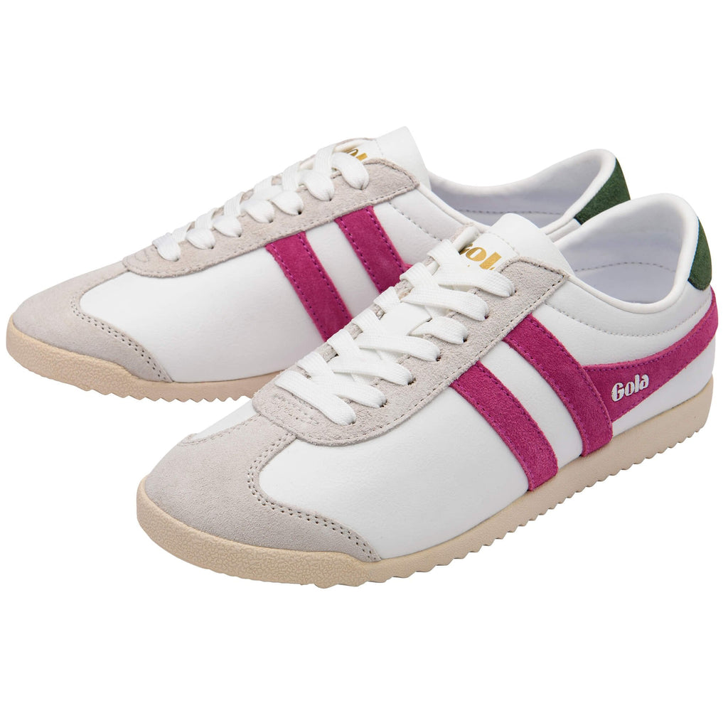 White Gola trainers with pink and green accents on a white background