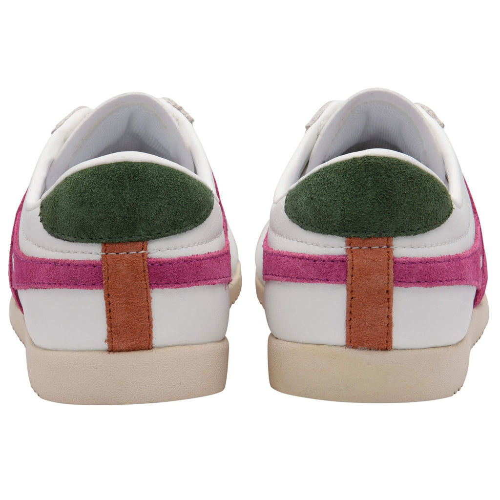 Pair of white Gola trainers with green heel tabs, pink side stripes, and brown vertical heel strips on a white background