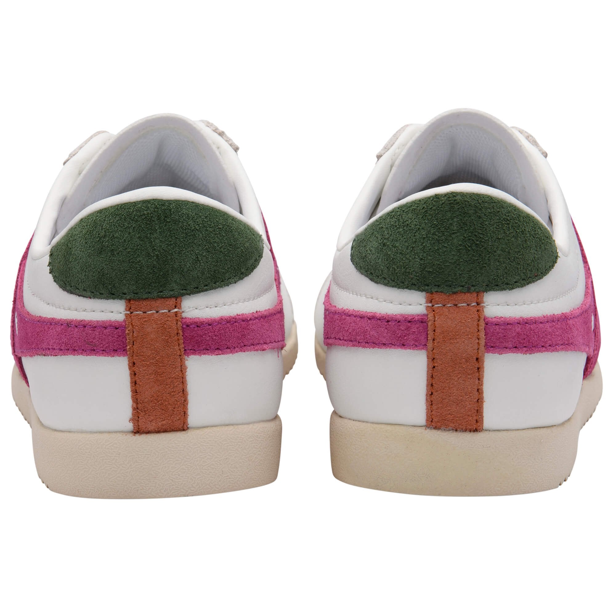 Pair of white Gola trainers with green heel tabs, pink side stripes, and brown vertical heel strips on a white background