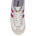 White Gola trainer with pink stripes and white laces on a white background