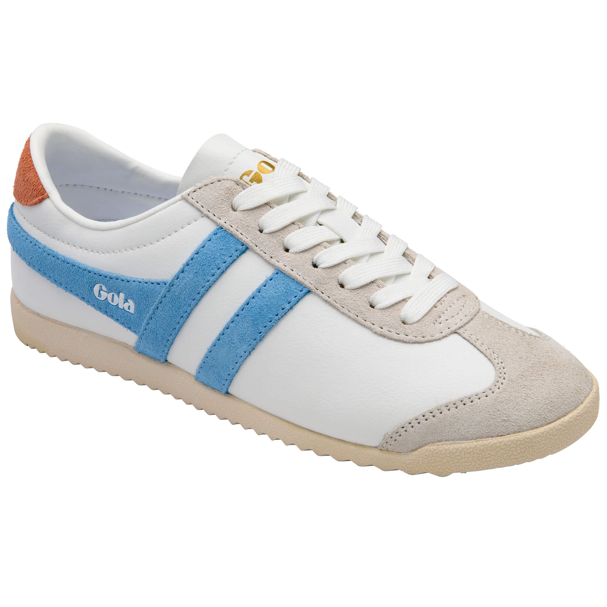 White Gola trainer with blue accent and beige sole on a white background
