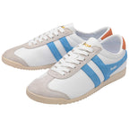 Pair of white and beige Gola trainers with blue stripes on a white background