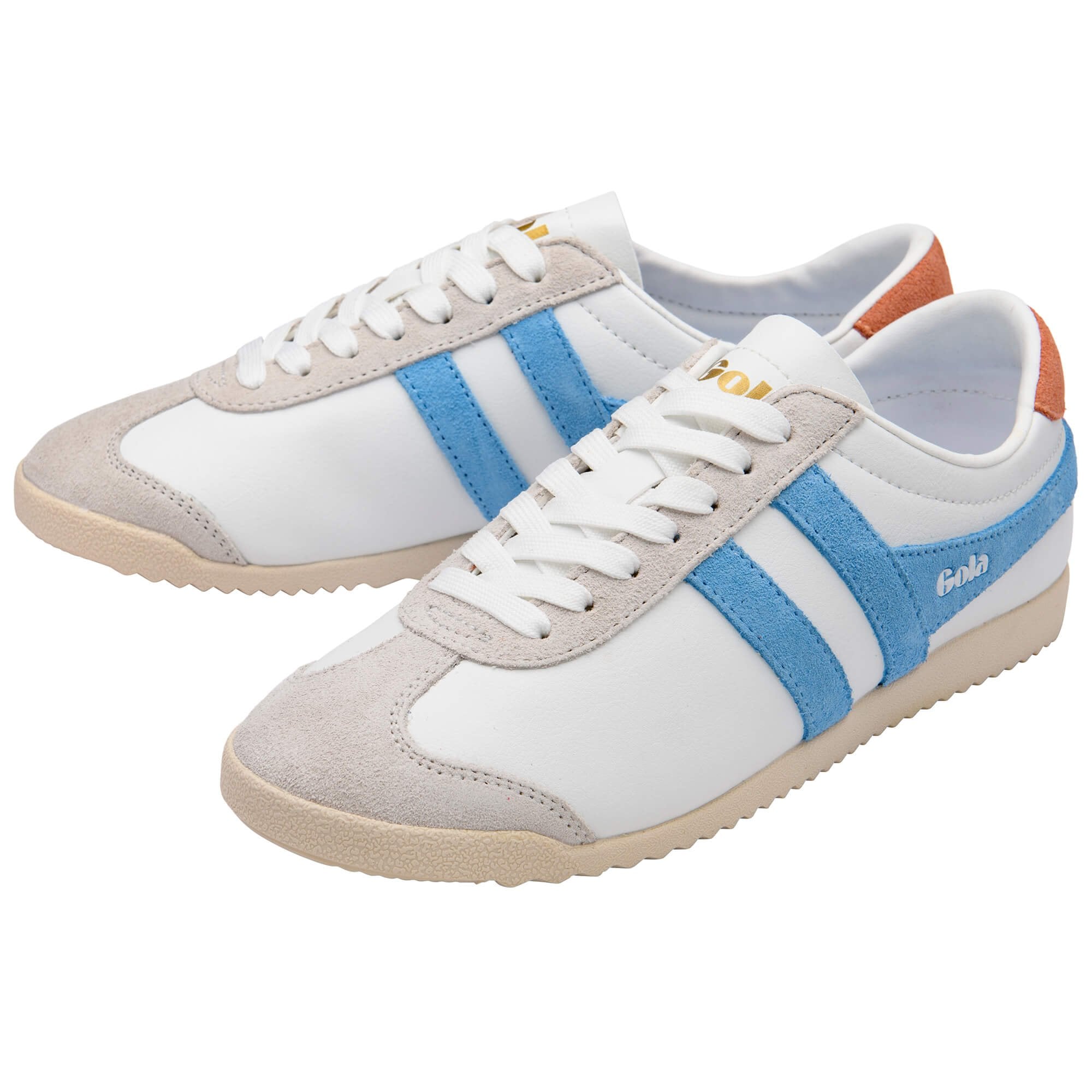 Pair of white and beige Gola trainers with blue stripes on a white background