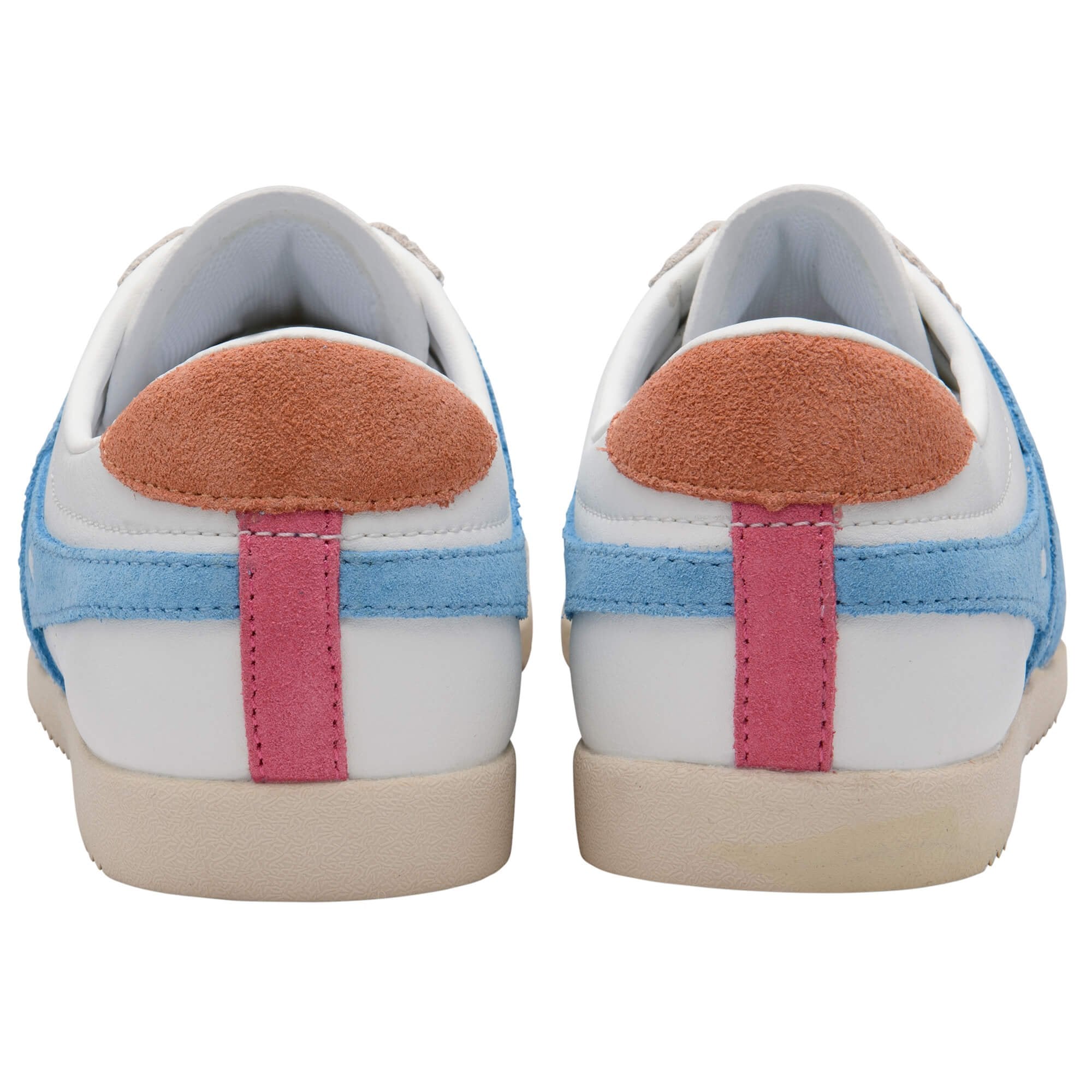 Pair of Gola trainers with blue, pink, and white design on a white background