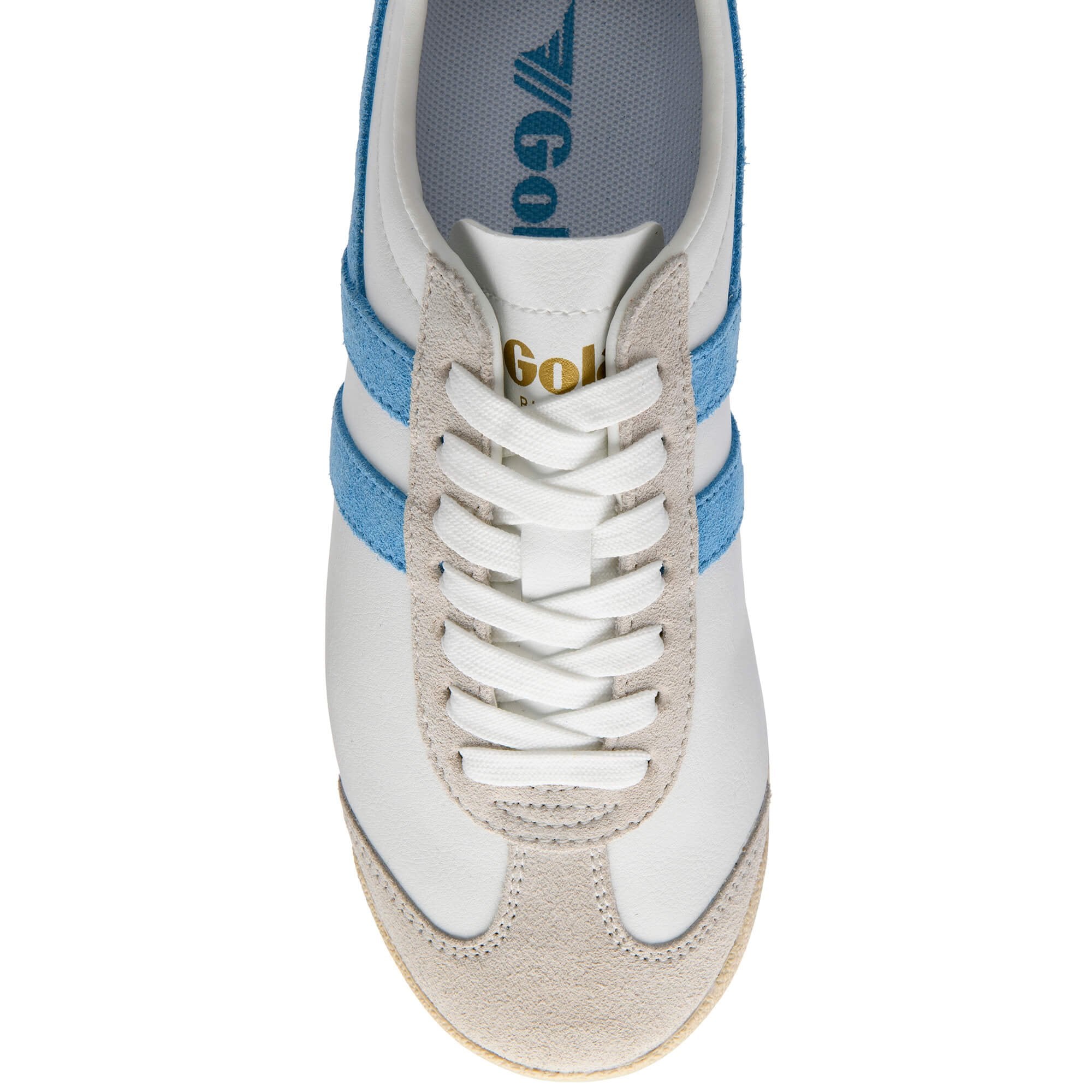 White Gola trainer with blue stripes on a white background