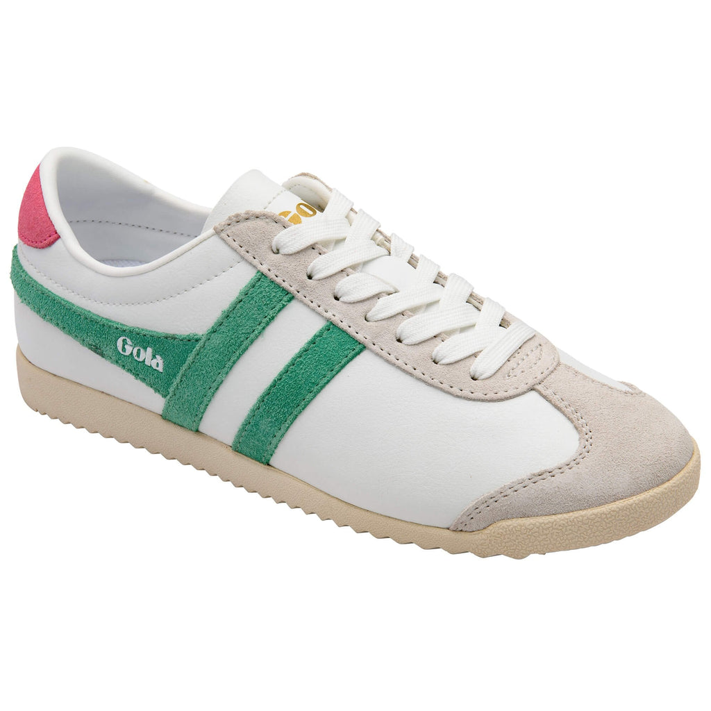 White Gola trainer with green stripe and pink heel on a white background