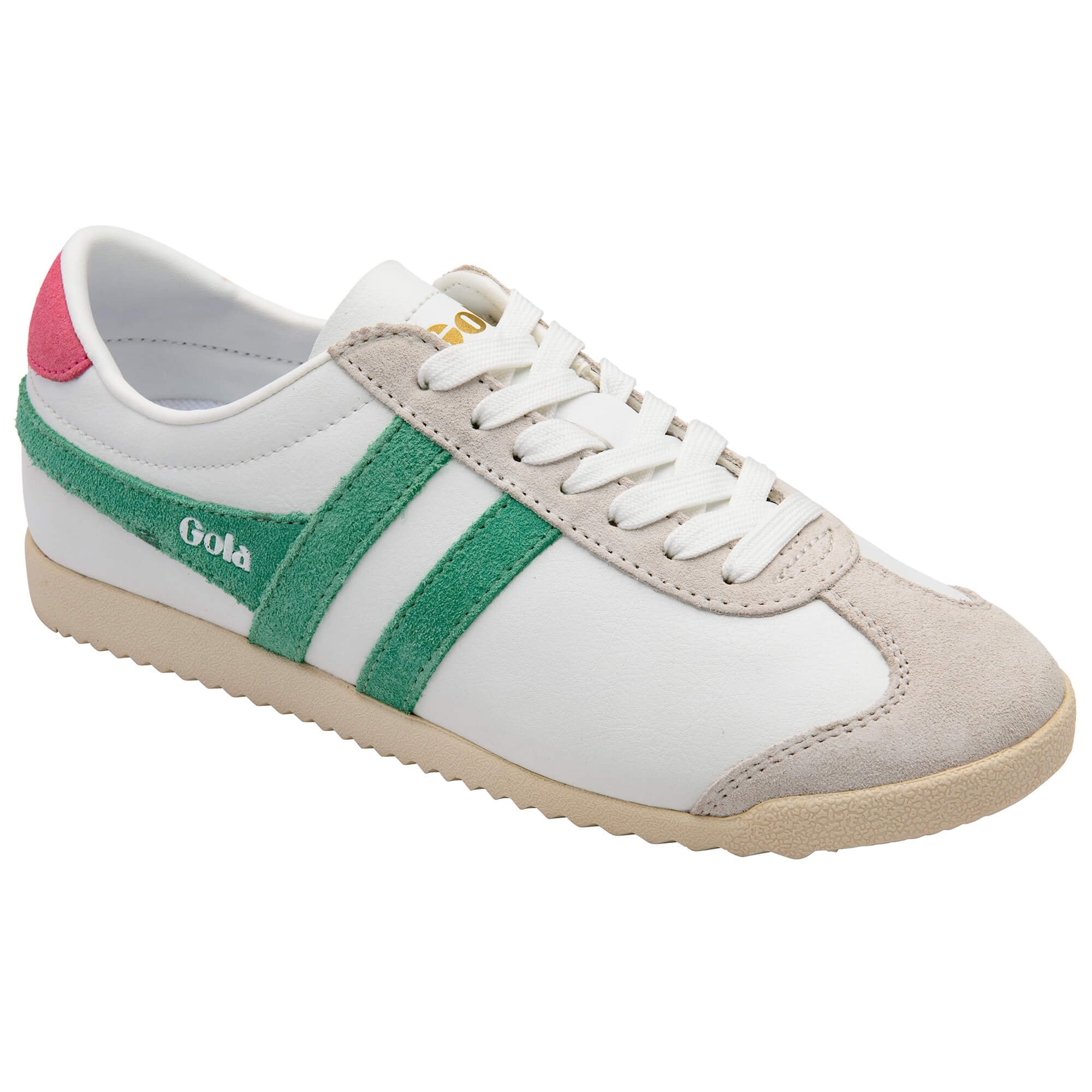 White Gola trainer with green stripe and pink heel on a white background