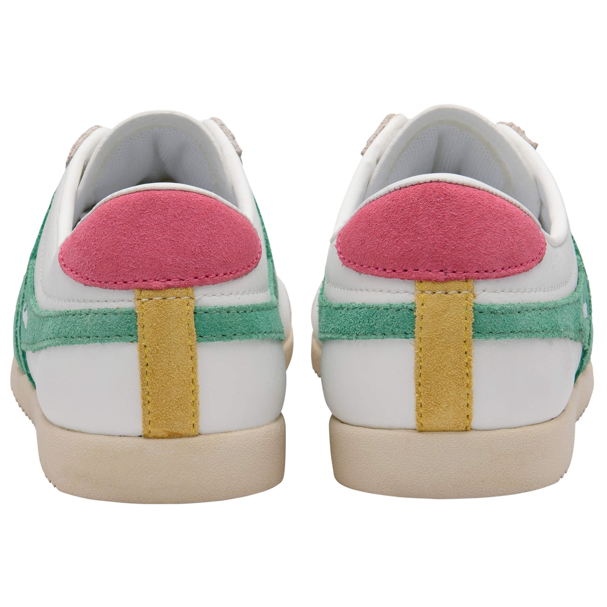 Pair of Gola trainers with pink and green accents on a white background