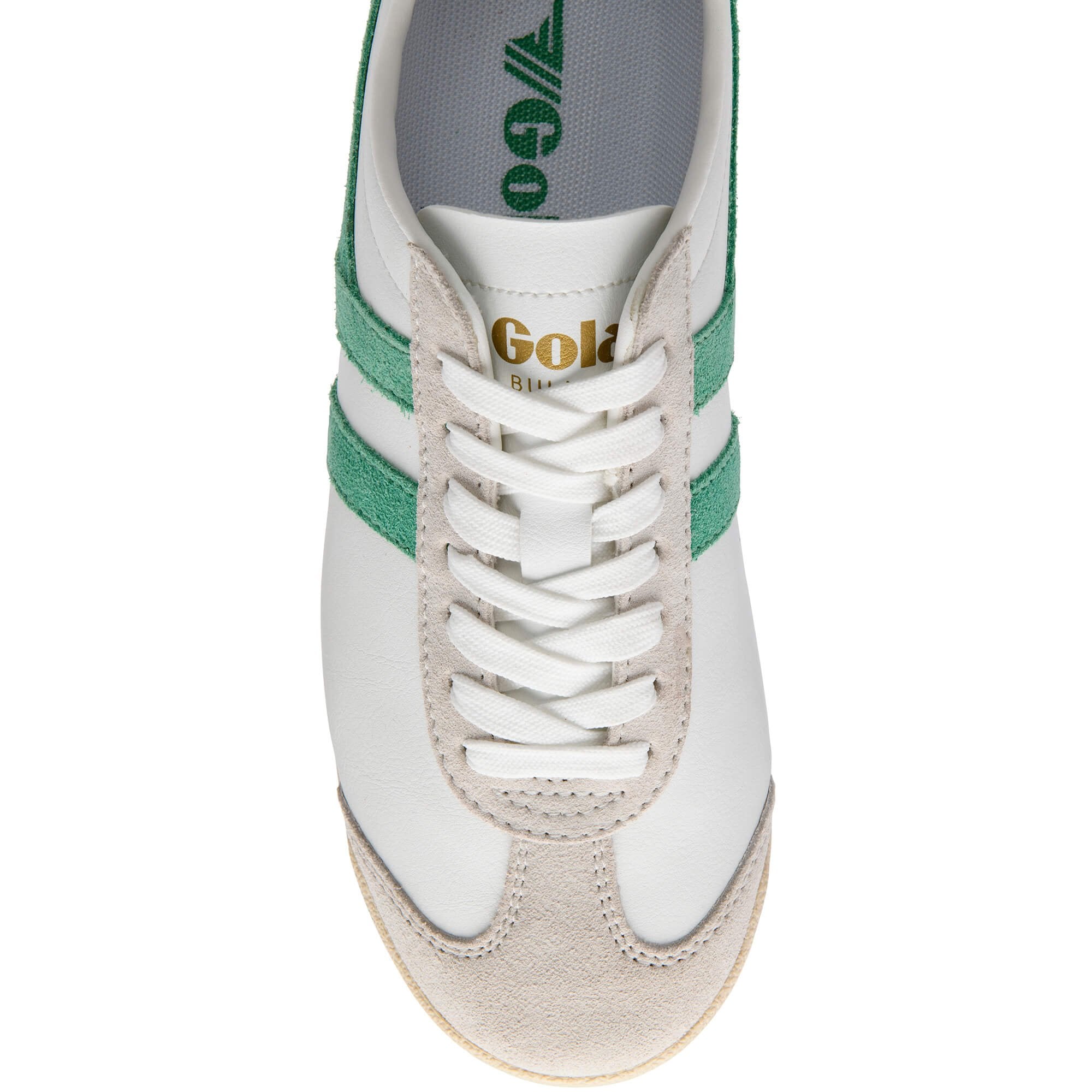 White Gola trainer with green suede stripes and beige accents on a white background