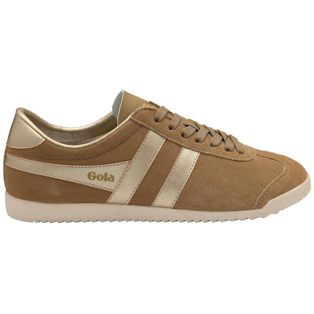 Brown Gola trainer with gold stripes on a white background