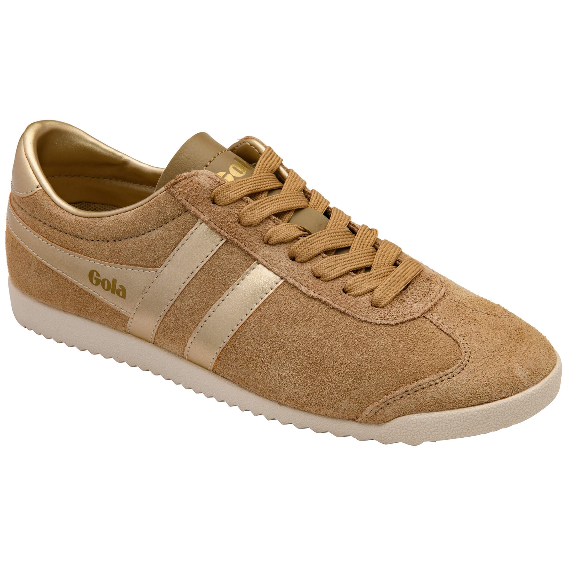 Gola women's trainer in tan with gold stripes and laces on a white background