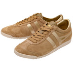 Pair of Gola trainers in tan with gold stripes and gold heel tab on a white background
