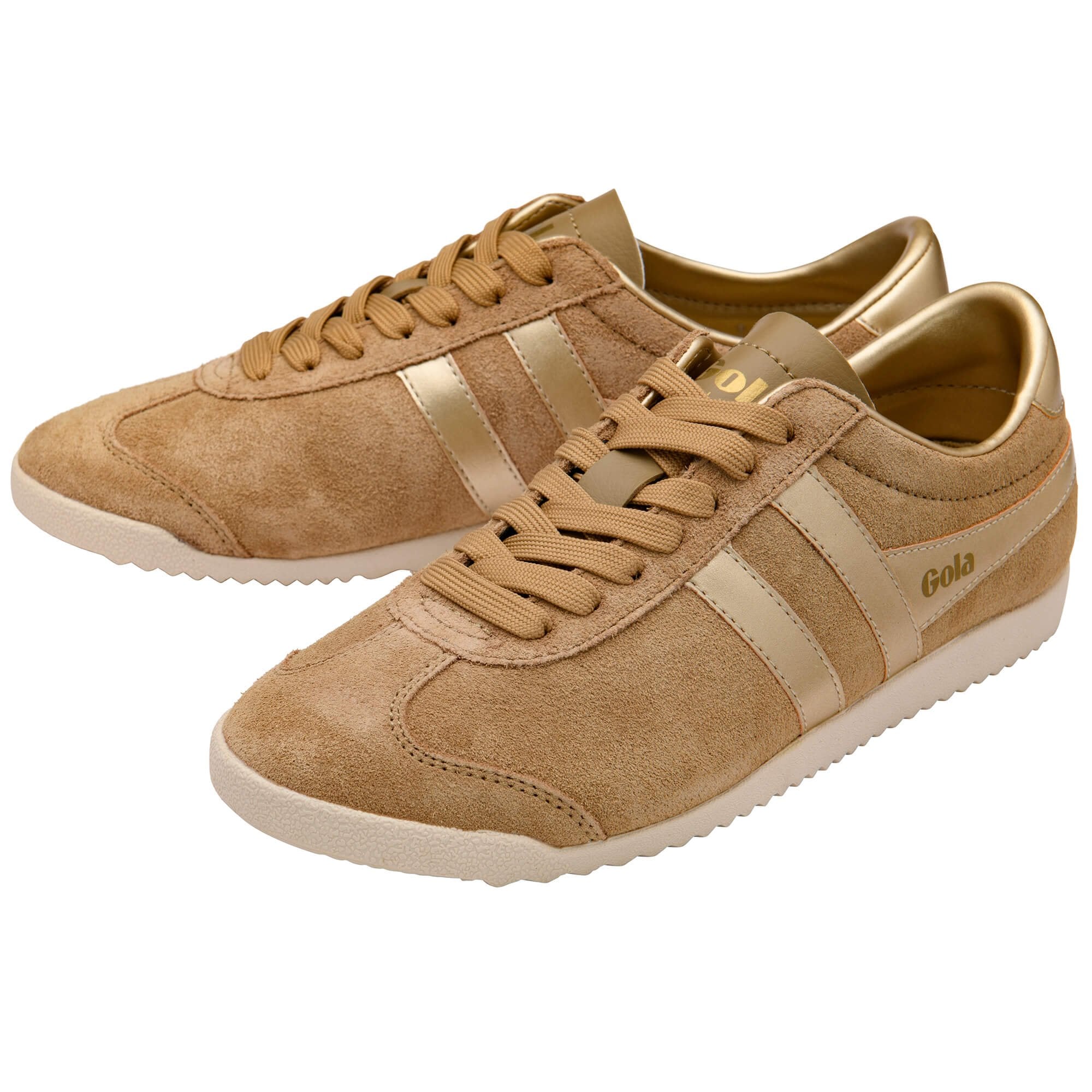 Pair of Gola trainers in tan with gold stripes and gold heel tab on a white background