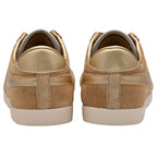 Pair of tan Gola trainers with gold heel tab on a white background