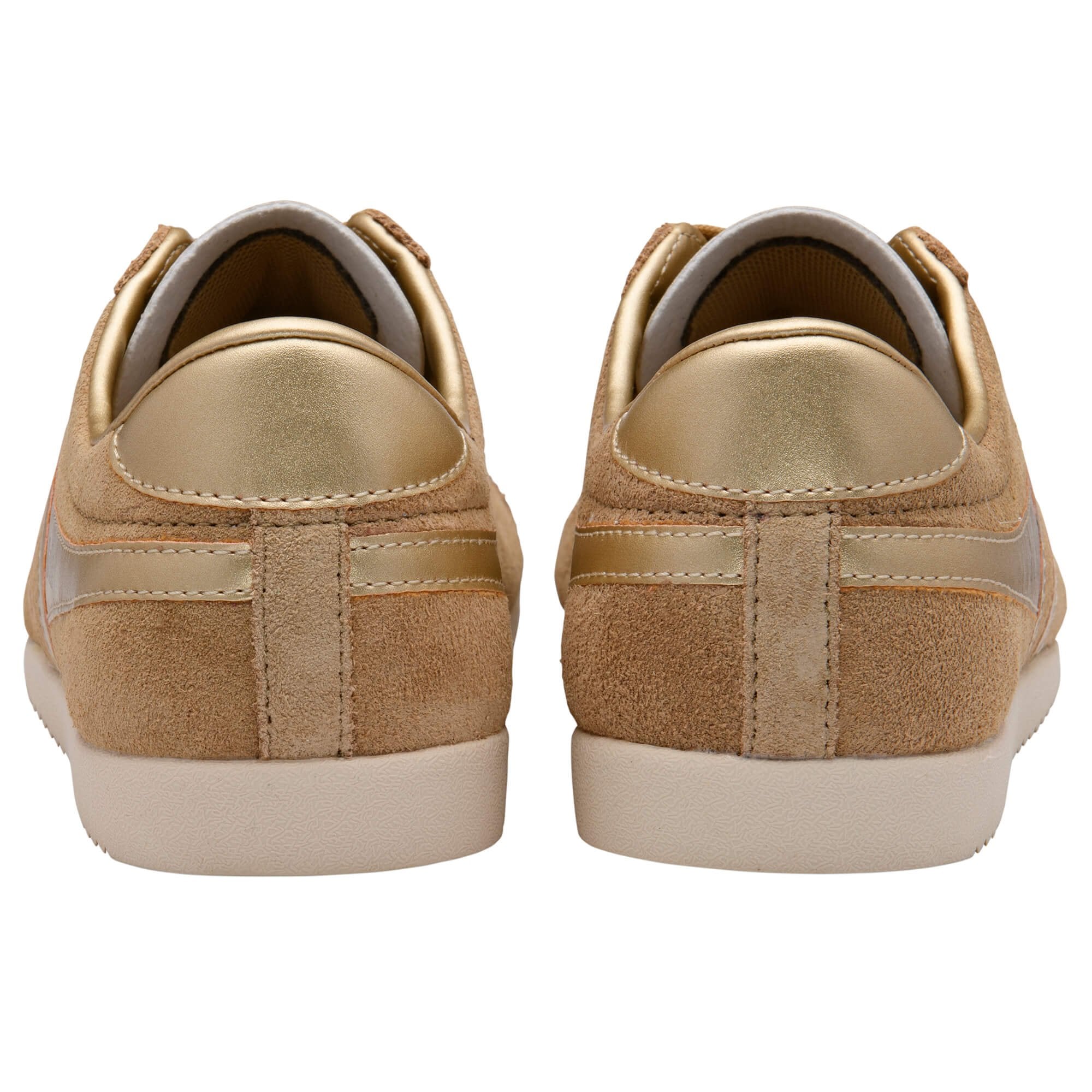 Pair of tan Gola trainers with gold heel tab on a white background