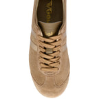 Top down view of a tan Gola trainer with tan laces and two tan stripes on the side