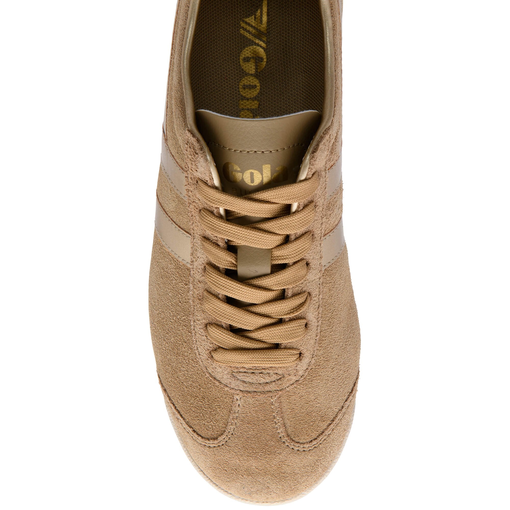 Top down view of a tan Gola trainer with tan laces and two tan stripes on the side