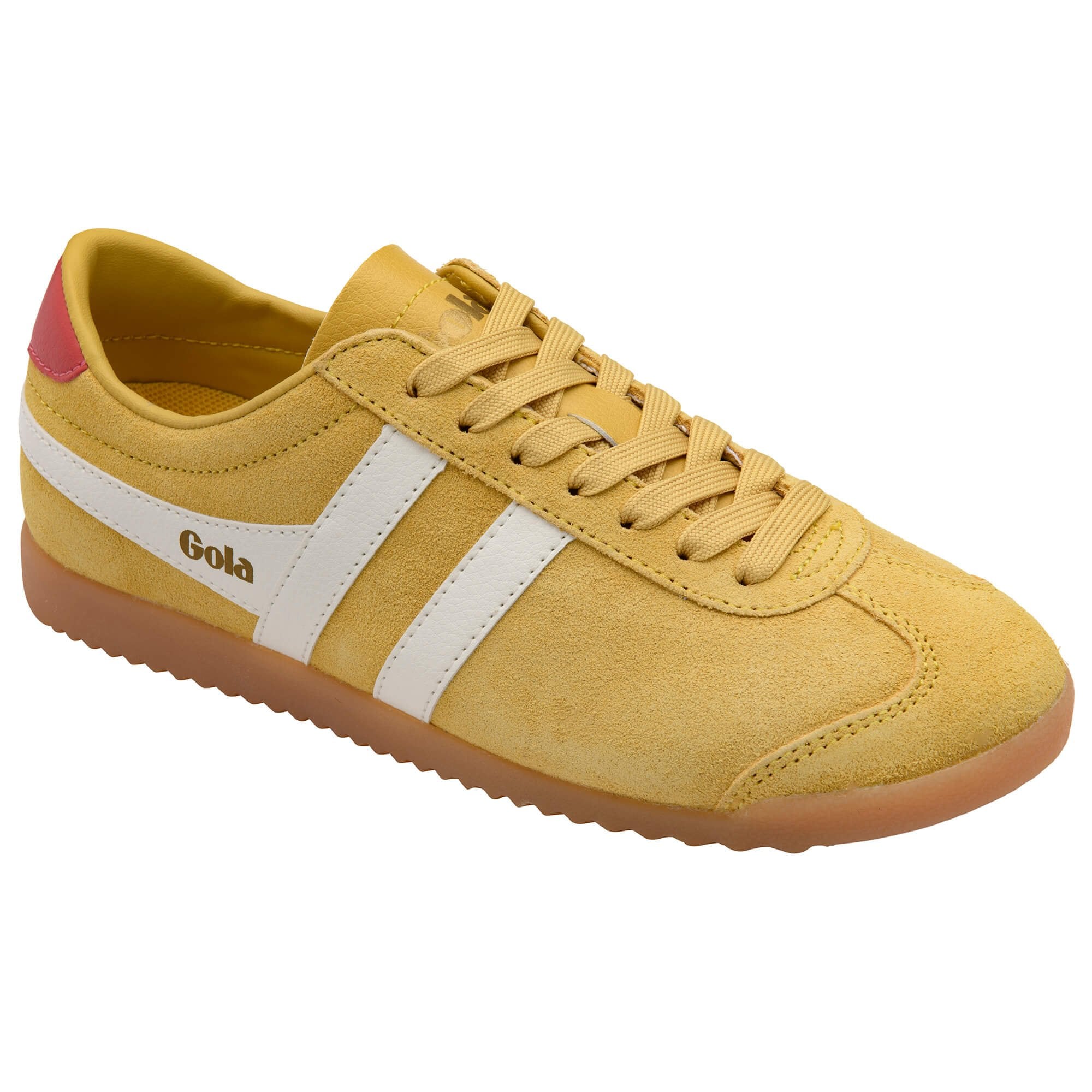 Yellow Gola trainer with white stripes and red accents on a white background