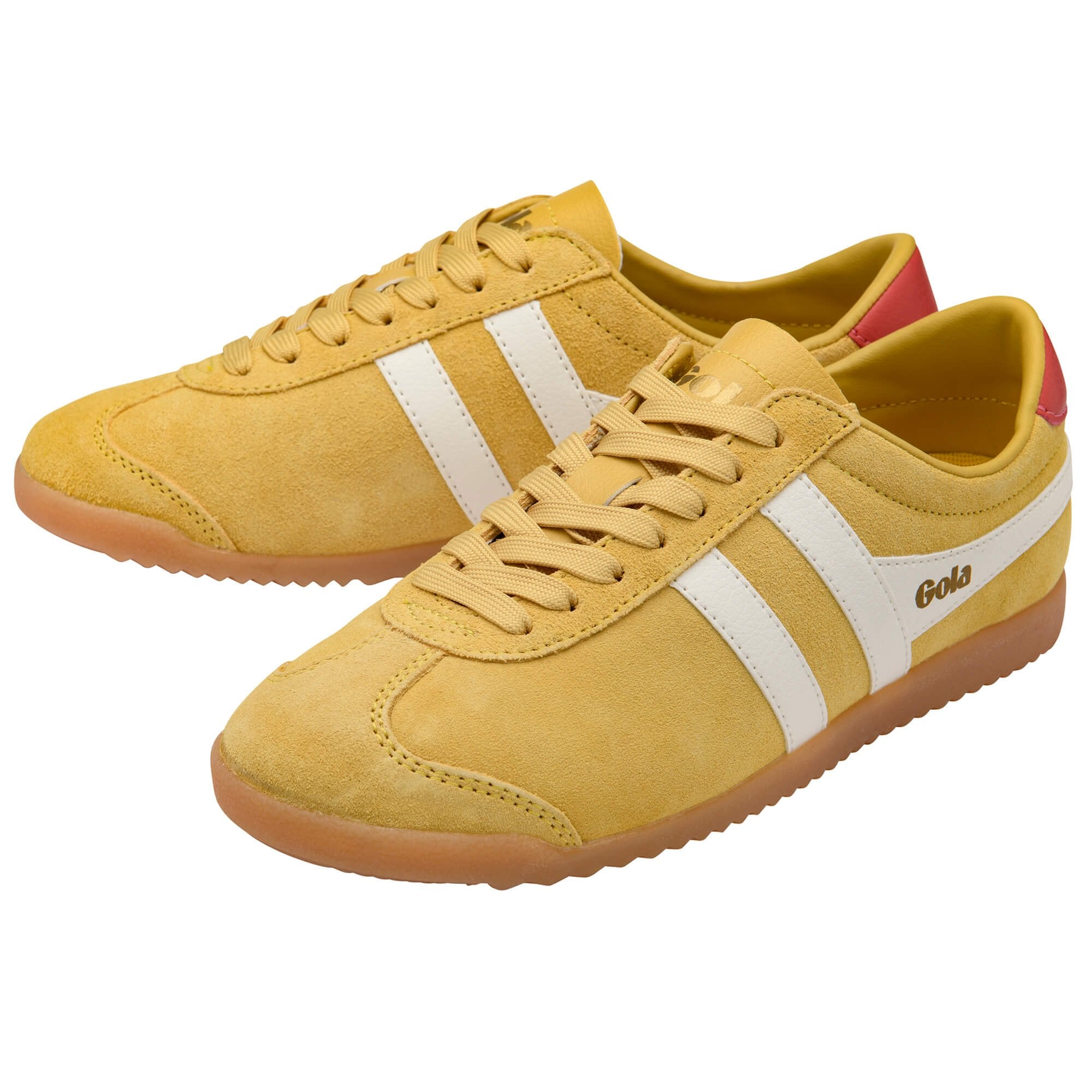 Pair of yellow Gola trainers with white stripes and red heel accents