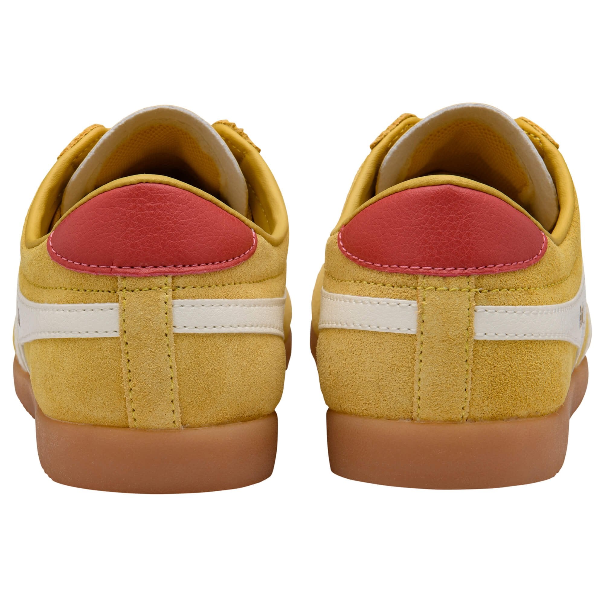 Yellow Gola trainers with red accents on a white background