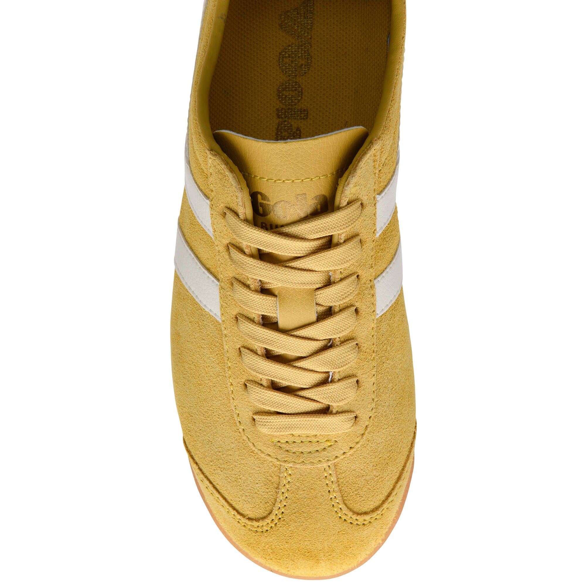 Yellow Gola trainer with white stripes and laces on a white background