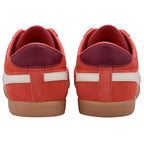 Red Gola trainers with white stripes on a white background