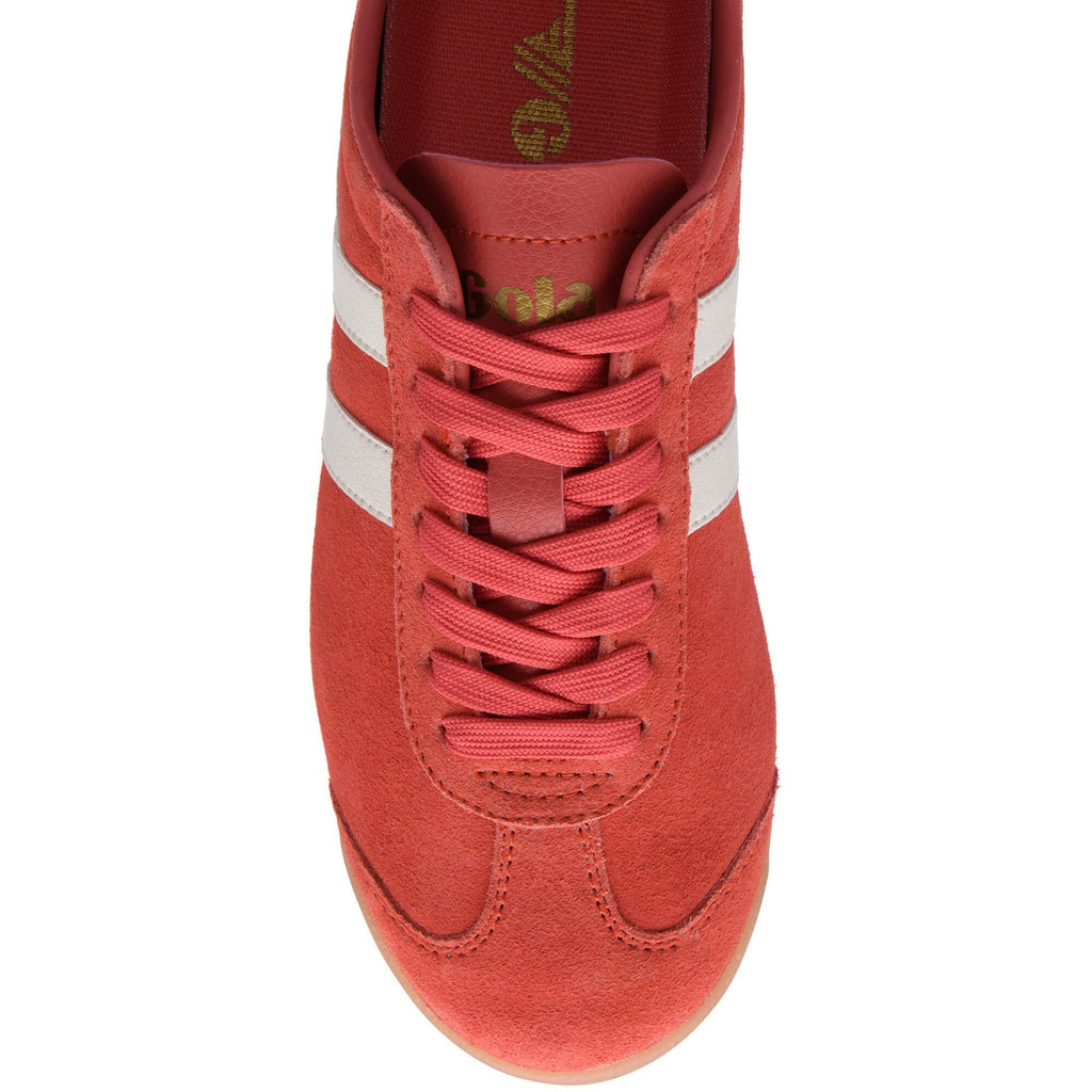 Red Gola trainer with white stripes on a white background