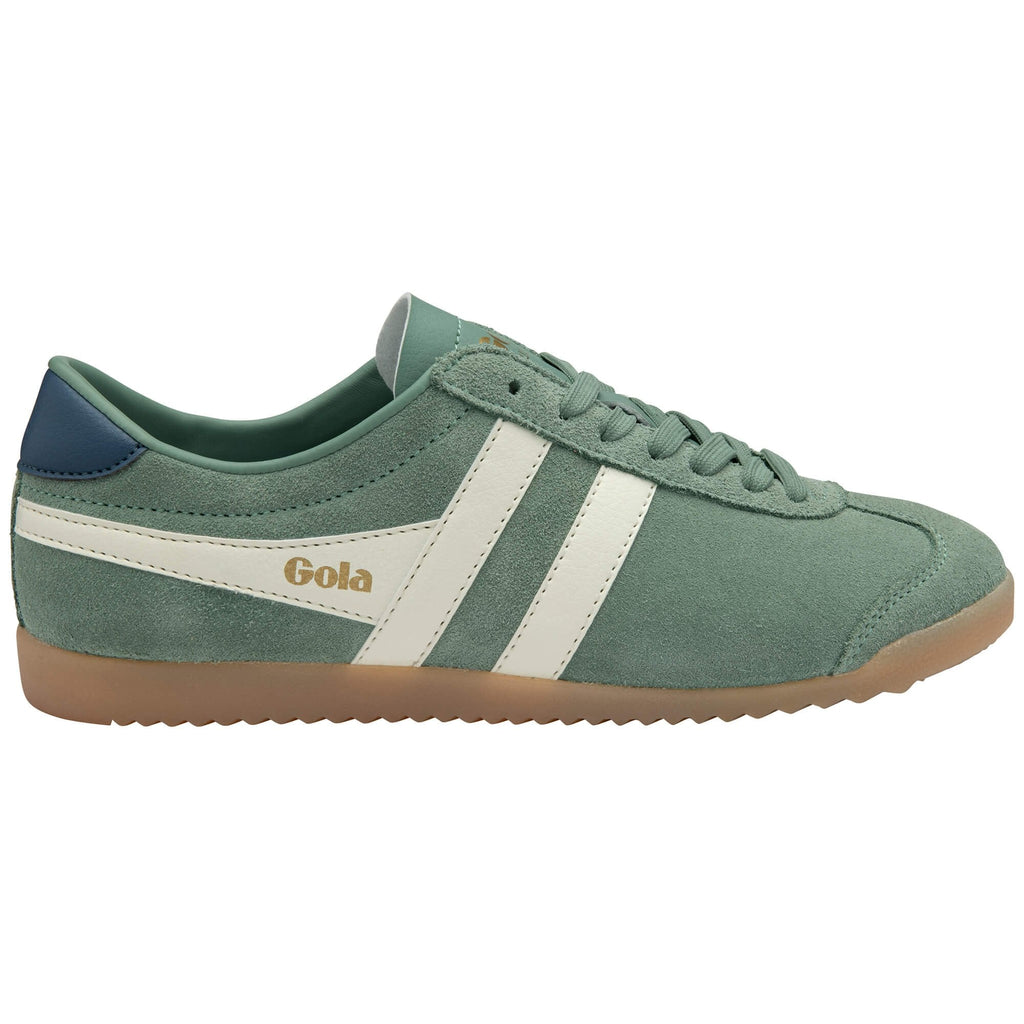 Green Gola trainer with white stripes and blue heel tab on a white background
