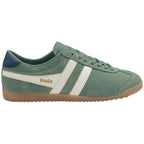 Green Gola trainer with white stripes and blue heel tab on a white background