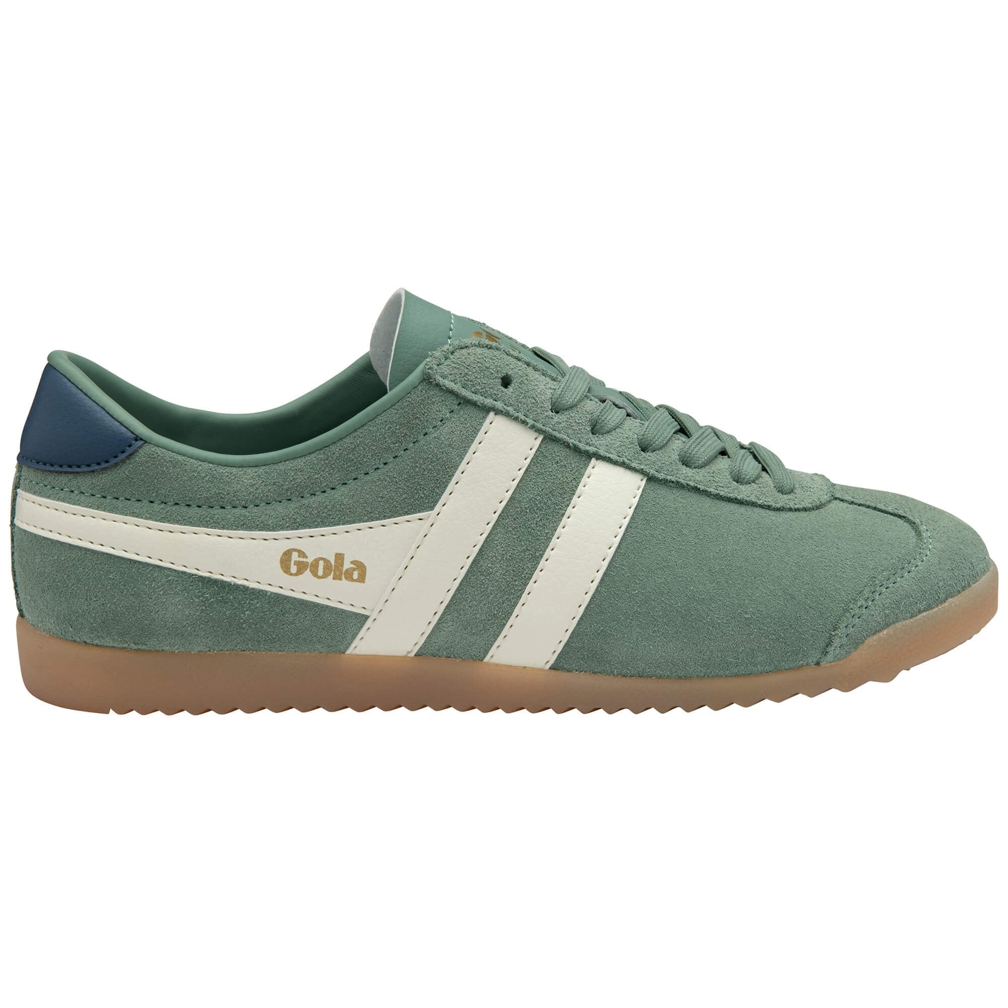 Green Gola trainer with white stripes and blue heel tab on a white background