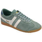 Gola suede trainers in green with white stripes and a gum sole on a white background