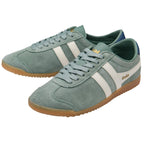 Pair of green Gola trainers with white stripes and blue heel tab on a white background