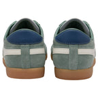 Pair of green Gola trainers with blue accents on a white background