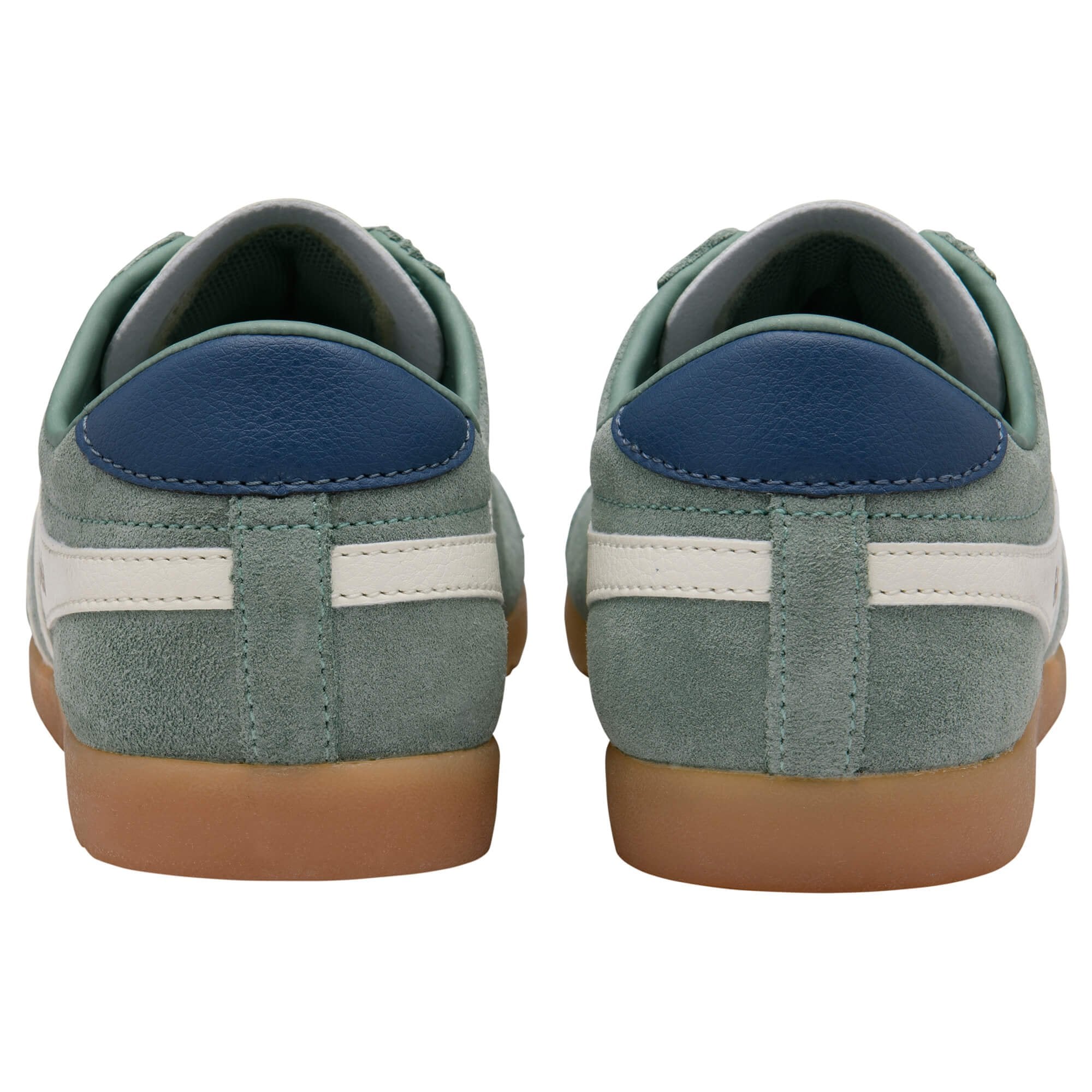 Pair of green Gola trainers with blue accents on a white background