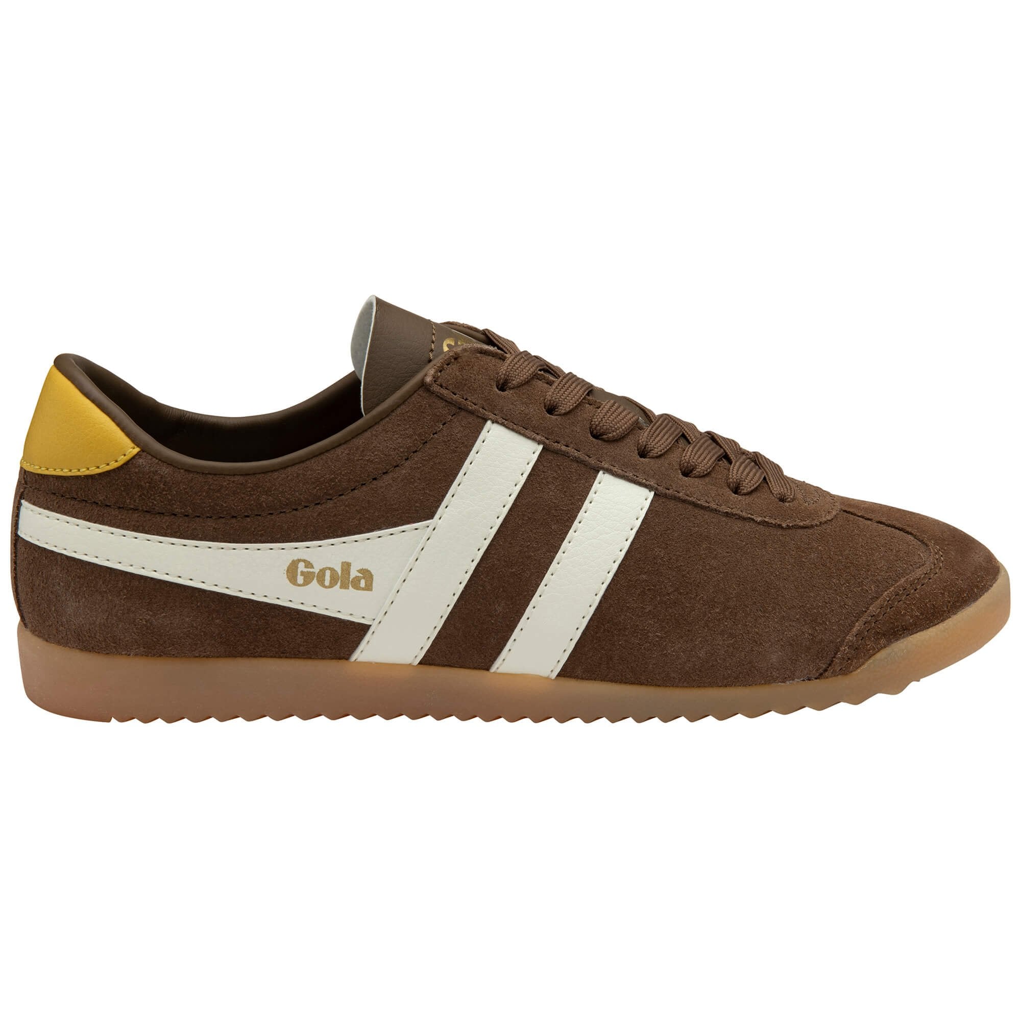 Brown suede Gola trainer with white stripes and a yellow heel tab on a white background